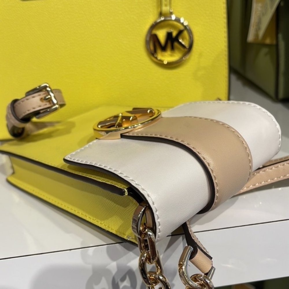 Michael Kors Carmen Small Color-Block Faux Leather Phone Crossbody Bag Sunshn - Picture 8 of 16